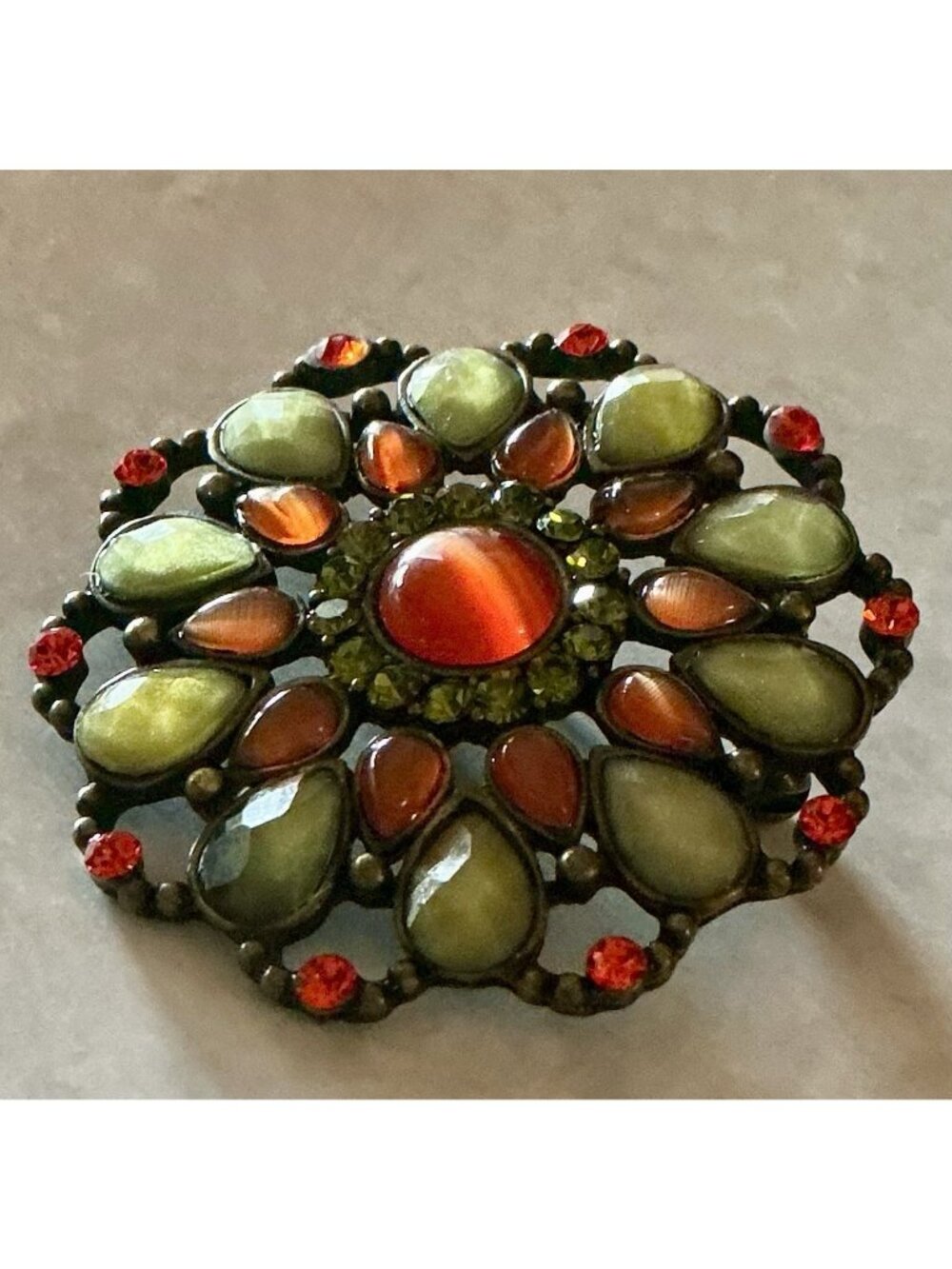 Vintage Flower Brooch Avocado Green Burnt Orange Cabochons Rhinestones Metalwork